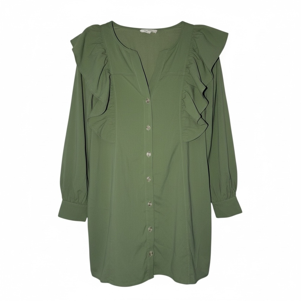 Entro Ruffle Button Front Dress Womens Small Sage‎ Green Solid Long Sleeve Boho
